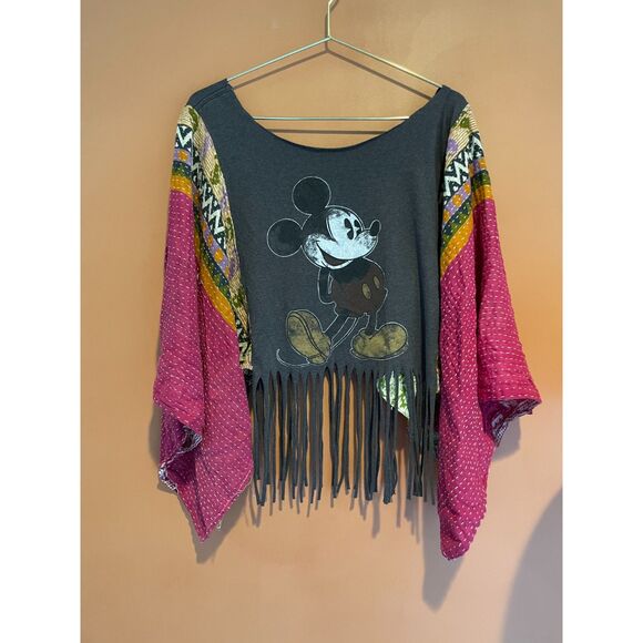 Tops - Upcycled Mickey Mouse Fringe Top Patchwork Bell Sleeve Boho Festival Oversized